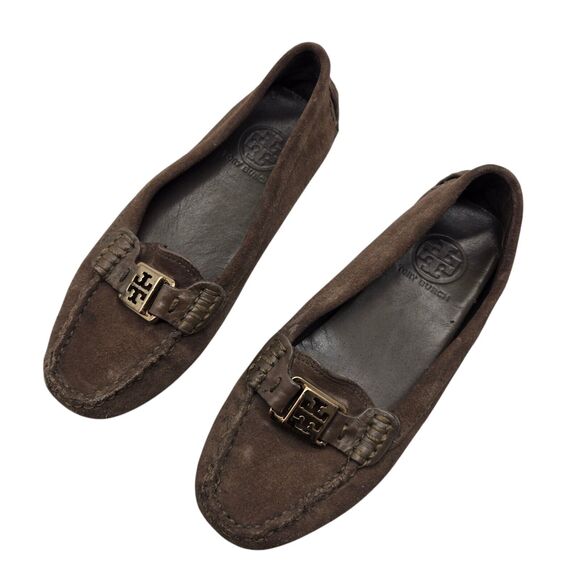 Tory Burch Shoes - TORY BURCH KENDRICK Drivers Moccasin/Loafer brown Suede leather Gold Logo sz 5.5